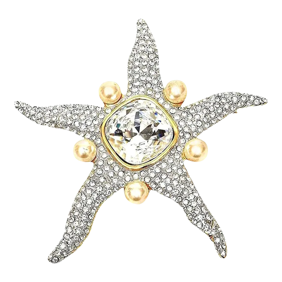 ヴィンテージ D’Orlan スターバーストブローチ 太陽 ストーン パール Vintage Valentino Faux Pearl and Glass Rhinestone Starfish Runway