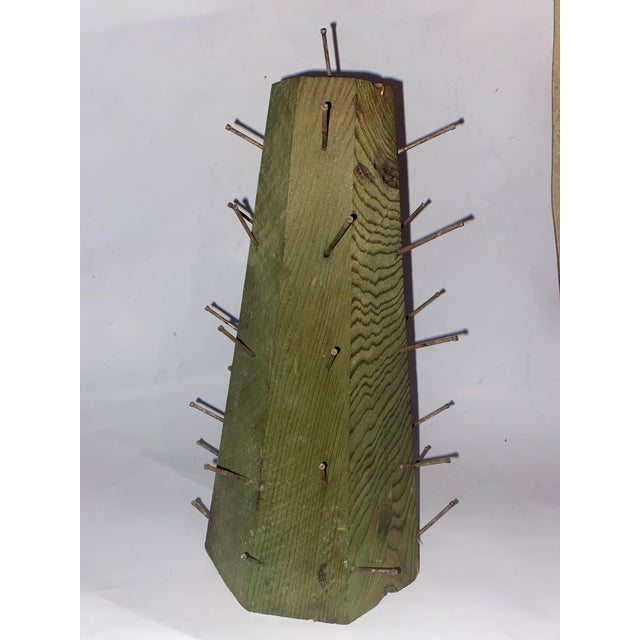 Wood 1920s Colonial Williamsburg Apple Tree Cone Centerpiece Wood Fruit Cone Vintage Brutalist Art. Handmade Green-Painted Wooden Cone Hammered Nails. For Sale - Image 7 of 10