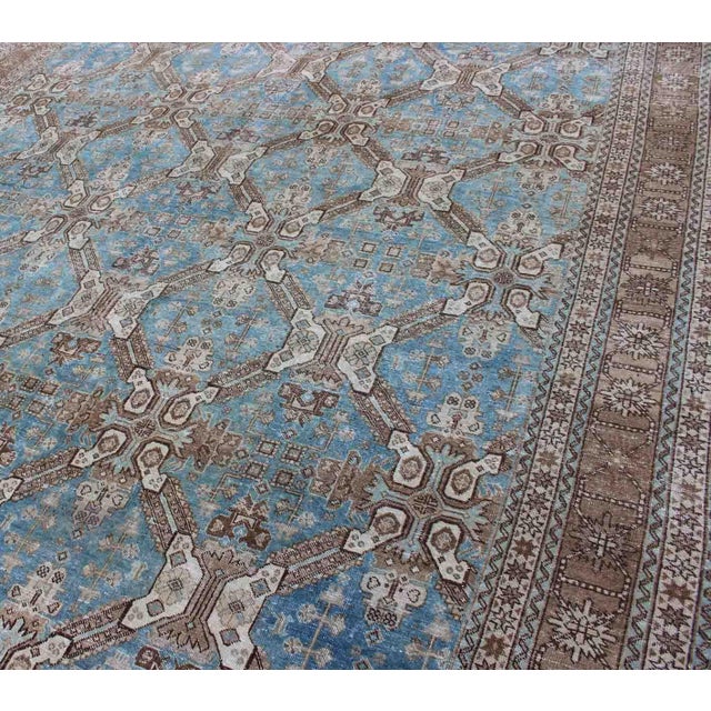 Traditional Antique All-Over Pattern Persian Geometric Tabriz Rug in Blue and Taupe For Sale - Image 3 of 13