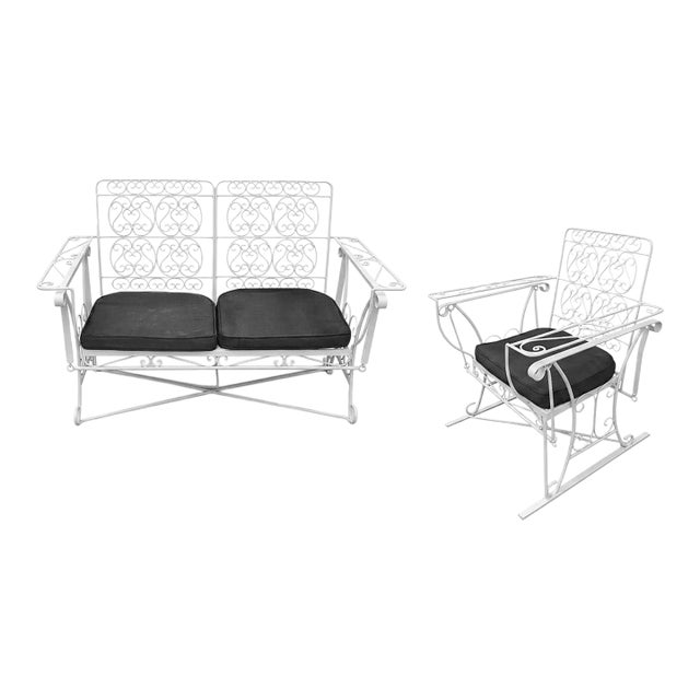 White Scrolling Wrought Iron Glider Rocking Settee & Chair Patio Outdoor Set For Sale