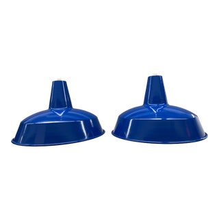 Vintage 1970s Cobalt Blue Metal Shop Lights - a Pair For Sale