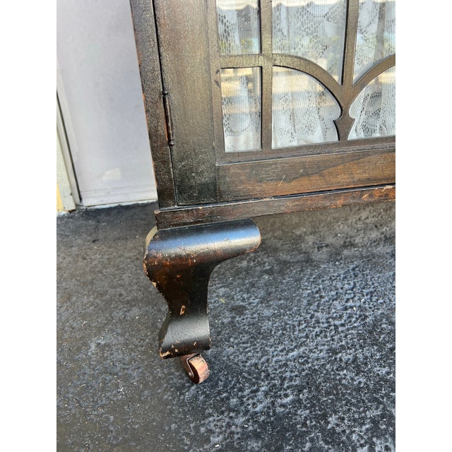 Wood Antique Pie Safe Glass Door Cabinet on Wheels For Sale - Image 7 of 8