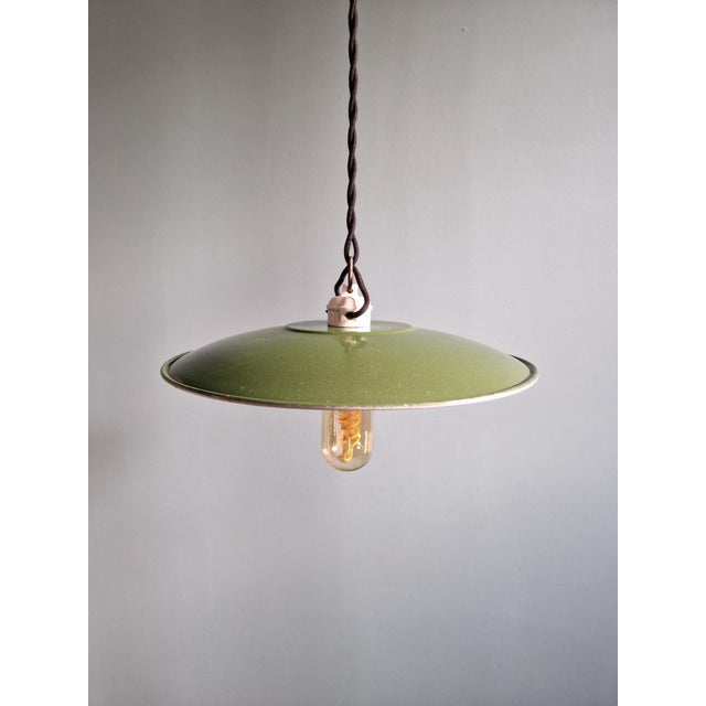 1950s Vintage Industrial Pendant Lights in Green Enameled Sheet Metal and Porcelain, 1940s, Set of 3 For Sale - Image 5 of 18