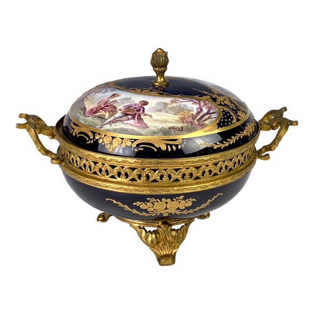 Early 20thC French Sevres Style Blue Porcelain Dish Bowl For Sale