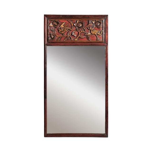 Antique Asian Trumeau Mirror with Carved Birds and Floral Panel For Sale - Image 14 of 18