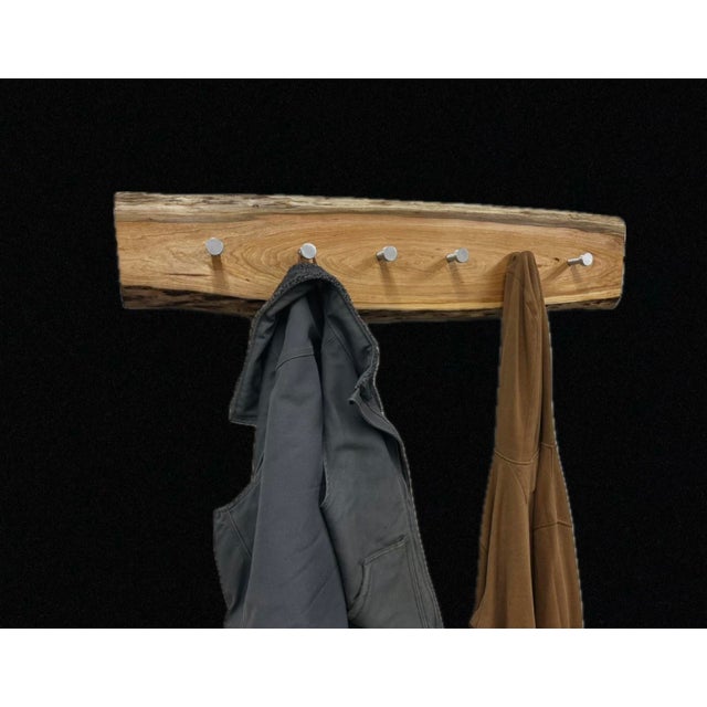 Rustic One-of-a-Kind Handcrafted Live Edge Cherry Wood Wall Hanger - Rustic Entryway Decor With Metal Pegs/Hooks For Sale - Image 3 of 5