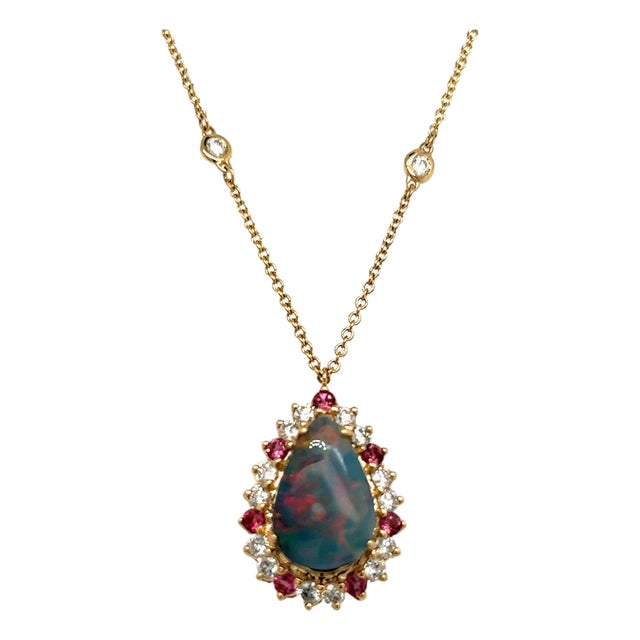1990s Australian Black Opal & Diamond Pendant 18" 14k Y Gold 4.45 TCW GIA Certified For Sale