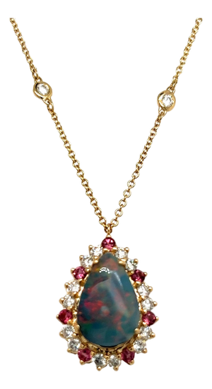 1990s Australian Black Opal & Diamond Pendant 18" 14k Y Gold 4.45 TCW GIA Certified