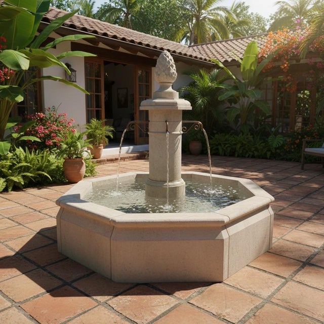 Large French Style Octagonal Carved Limestone Garden Fountain With Pinecone Finial For Sale In West Palm - Image 6 of 7