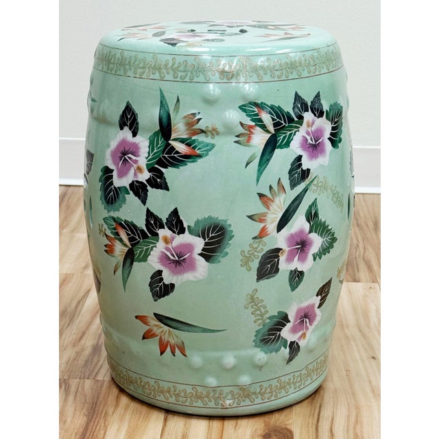Ceramic Vintage Chinoiserie Mint Green Floral Motif Garden Stool For Sale - Image 7 of 9