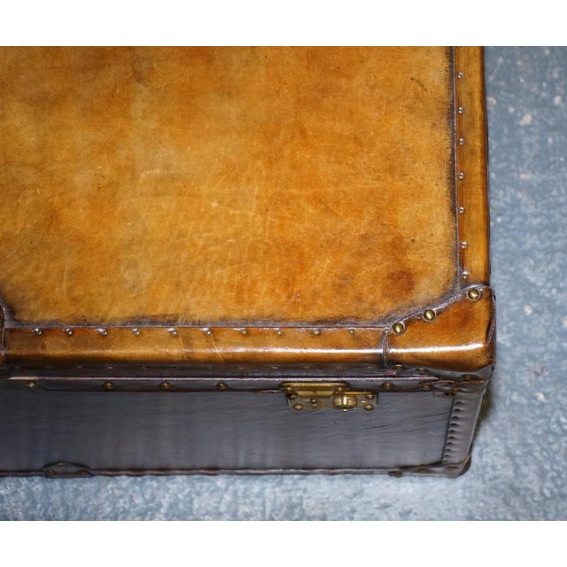 Vintage Hand-Dyed Brown Leather Lockable Storage Steamer Trunk For Sale - Image 10 of 18