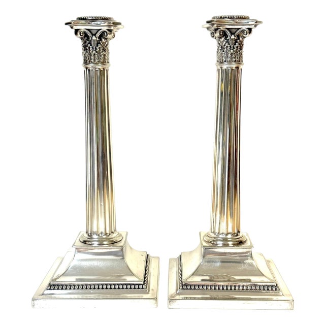 Pair of Sheffield Plated Corinthian Column Candlesticks Attributed to Elkington For Sale