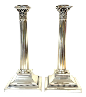 Pair of Sheffield Plated Corinthian Column Candlesticks Attributed to Elkington