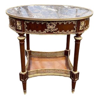 Late 20c French Artisan Louis XVI Mahogany Marble Side Table For Sale