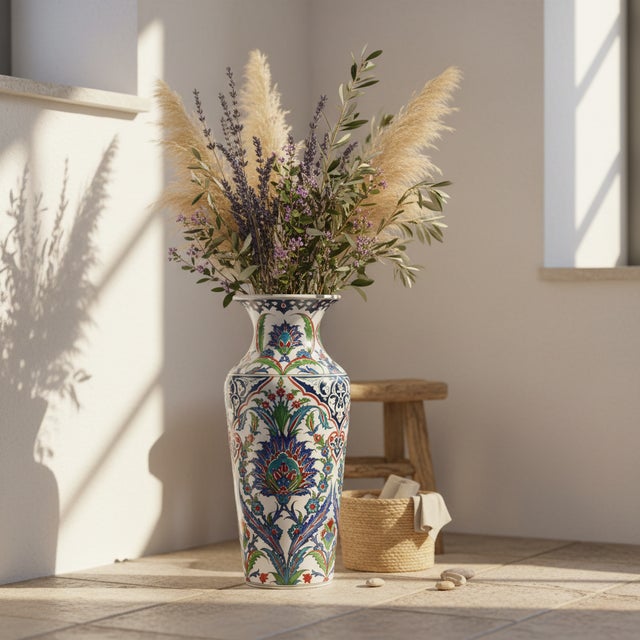 Handmade Ceramic Imperial Palace Vase (60cm) Classic White Symmetrical Saz-Hatai Pattern For Sale - Image 6 of 12