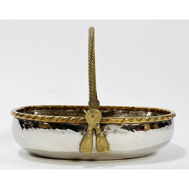 Vintage Heavy Hammered Silver Bowl With Brass Rope Handle For Sale - Image 4 of 10