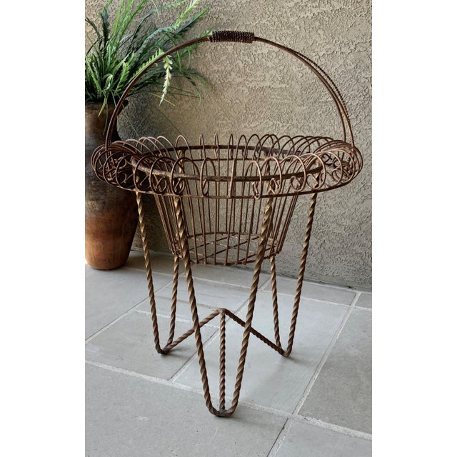 1980s Circa 1980 Nicely-Sized Victorian-Style Steel Wirework Planter Basket & Forged Steel Stand – 2 Pieces For Sale - Image 5 of 18
