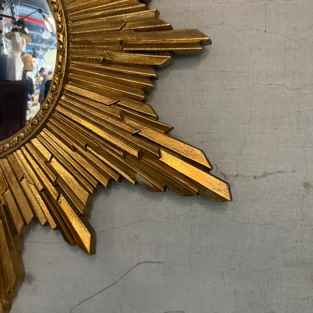 Glass Mid 20th Century Petite Gilt Sunburst Convex Wall Mirror For Sale - Image 7 of 7
