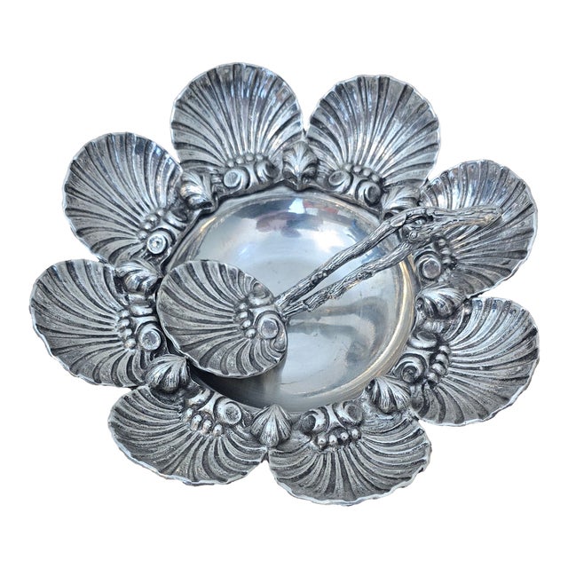 Vintage Cipolla Italian Pewter Shell Form Bowl With Matching Spoon For Sale