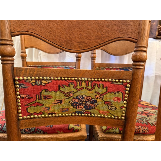 1900 - 1909 Set of Six, Antique, Oak Dining Chairs Covered With Ralph Lauren Kilim Fabric, Early 1900s For Sale - Image 5 of 11