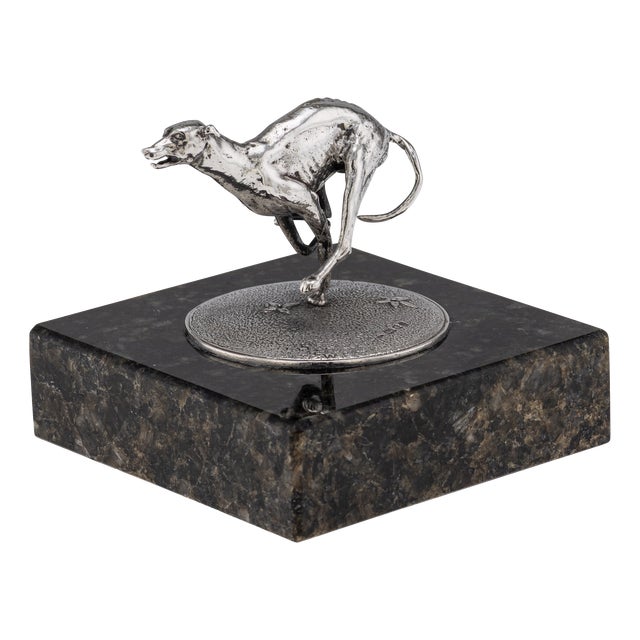 Vintage 20th Century English Silver Greyhound Statue on Granite Base, 1994 For Sale