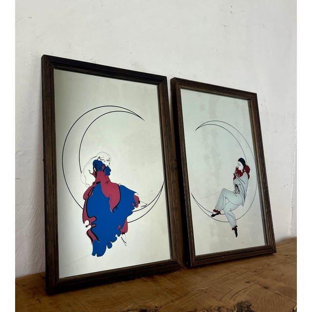1970s Vintage Art Deco Mirrors with Pierrot Harlequin on Crescent Moon Artwork, 1970s, Set of 2 For Sale - Image 5 of 17