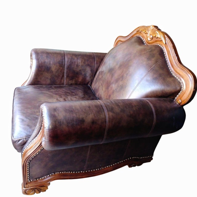 Coffee Indulge in the Rich Heritage and Exquisite Craftsmanship of the Aria Leather Chair and Ottoman Set. For Sale - Image 8 of 12