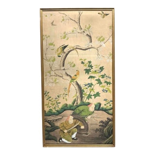 Large Antique Chinese Chinoiserie Hand Painted Framed Wall Paper Panel For Sale