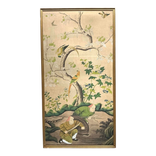 Large Antique Chinese Chinoiserie Hand Painted Framed Wall Paper Panel For Sale