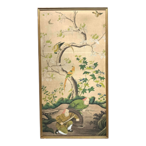 Large Antique Chinese Chinoiserie Hand Painted Framed Wall Paper Panel
