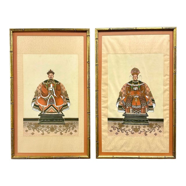 70s Ancestral Portraits on Silk, a Pair For Sale