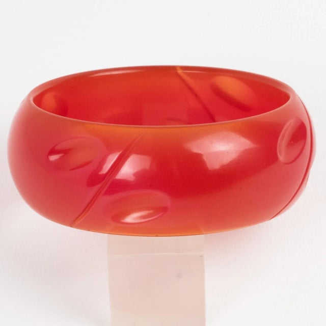 Bakelite Carved Bracelet Bangle Translucent Hot Pink Watermelon For Sale - Image 4 of 4