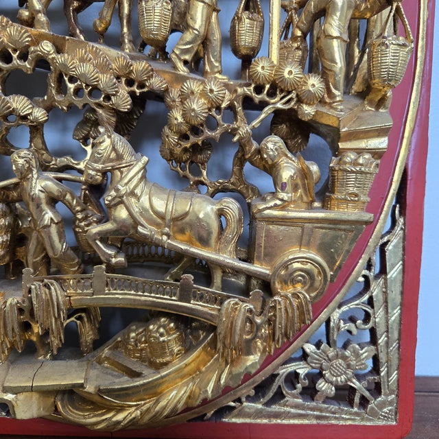 Antique Chinese Giltwood Panel Relief Carving Landscape Scene Red Lacquer Borders and Back For Sale - Image 12 of 18
