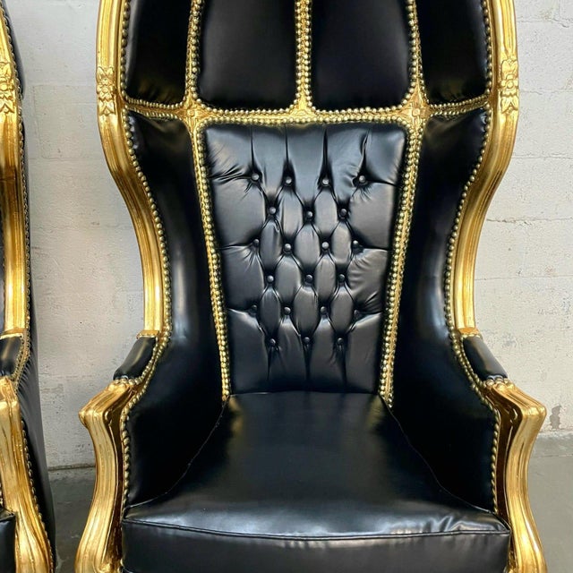 Balloon Chair French Style Black Leather High-Back Canopy Lacquer Chair Set of 2 For Sale - Image 9 of 9