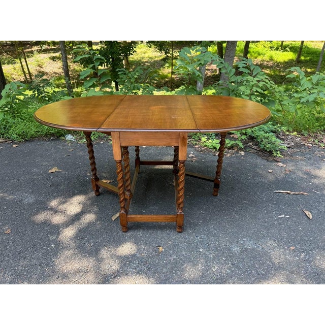 Farmhouse Vintage English Table Drop Leaf Gateleg Barley Twist Oval Dining Table For Sale - Image 3 of 18