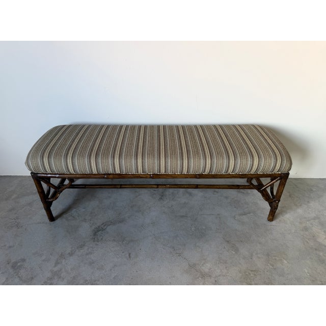 Coastal Vintage McGuire Style Bamboo & Leather Binding Upholstered Bench For Sale - Image 3 of 18