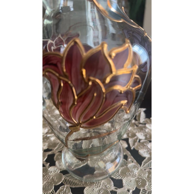 1950s Vintage Hand-Painted Enamel Glass Pitcher | Bohemian Art Glass | Art Nouveau Floral Vase | Raised Gold Gilt | 10” For Sale - Image 5 of 5
