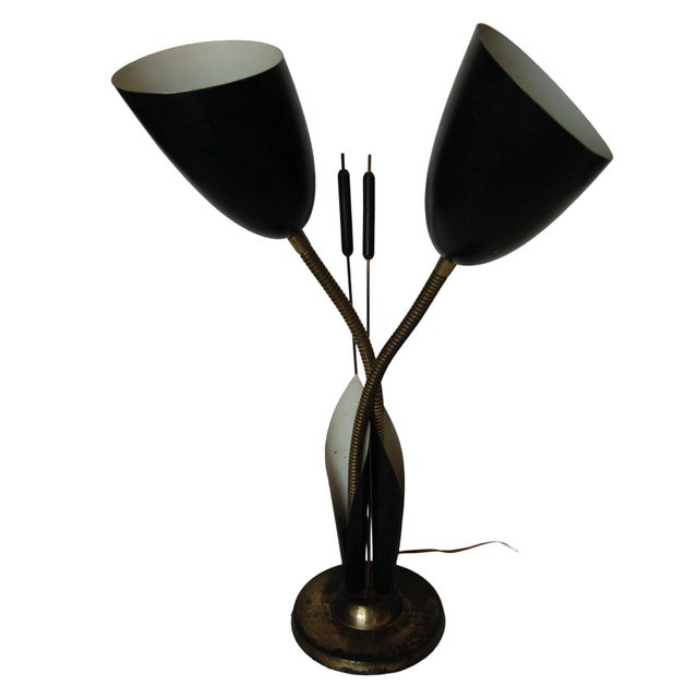 Mid Century green metal cone double gooseneck adjustable flex arm calla lily desk table lamp. 3 way light switch. Measures...