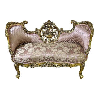 French Style Pink Settee Bench With Gold Details For Sale