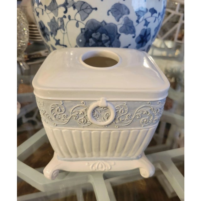 1990s Vintage Ceramic Pale Blue White Traditional Tissue Box Cover Holder For Sale - Image 5 of 7