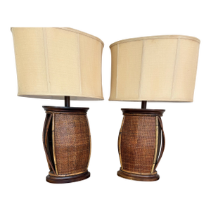 1990s 2 Natural Yet Modern Large Rattan and Wicker Table Lamps