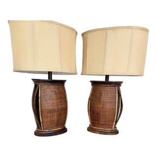 Set of 2 Large Rattan and Wicker Table Lamps. Natural Boho or Contemporary Feel. For Sale