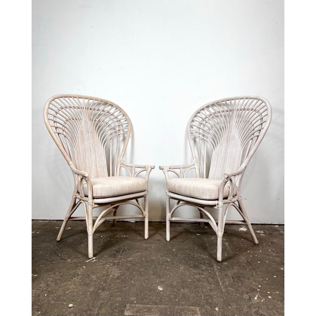 Late 20th Century Vintage Rattan Fan Back Chairs- A Pair For Sale - Image 5 of 12