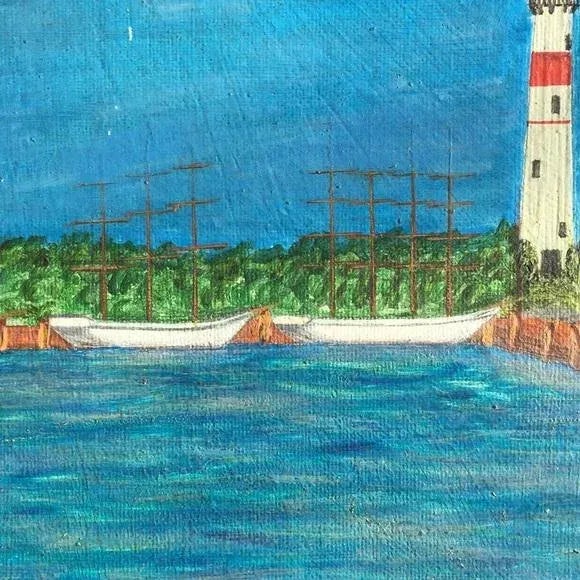 Blue Vintage Folk Art Seascape Painting For Sale - Image 8 of 11
