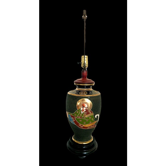 Large Japanese Satsuma 'Moriage' Black and Gold Kannon Table Lamp, Signed For Sale In Tampa - Image 6 of 12