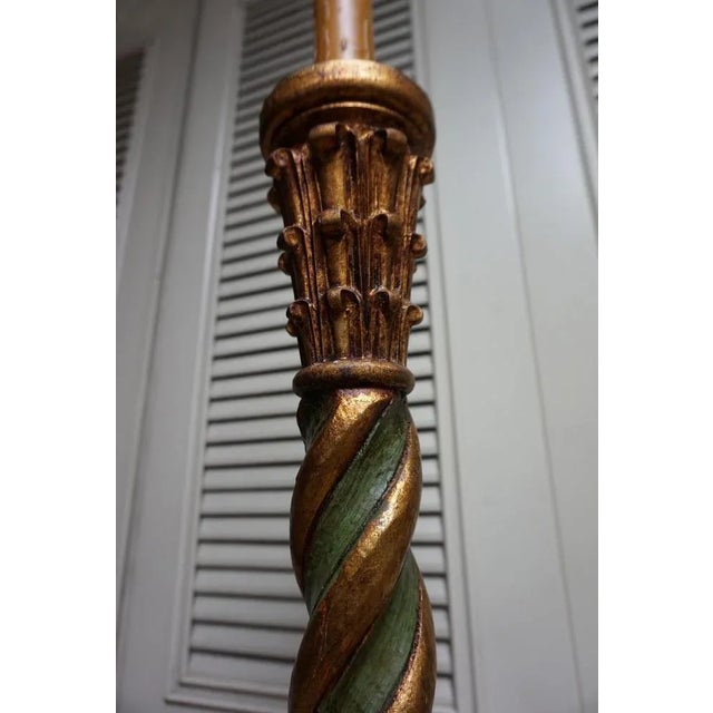 Italian Florentine Torchère Floor Lamp in Hand-Carved Gold-Gilt and Green Wood, 1950s For Sale - Image 4 of 13