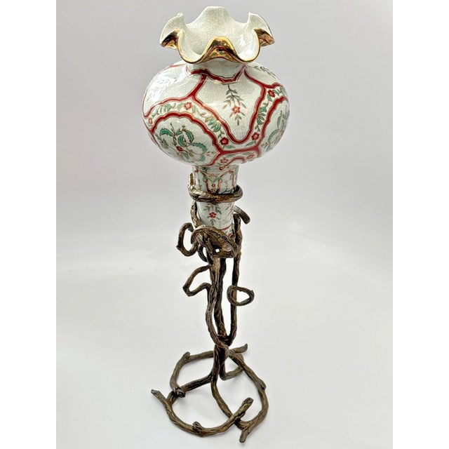 Vintage Chinese Porcelain Cloisonné Vase Bronze Stand Vines Floral Famille For Sale In Portland, OR - Image 6 of 10