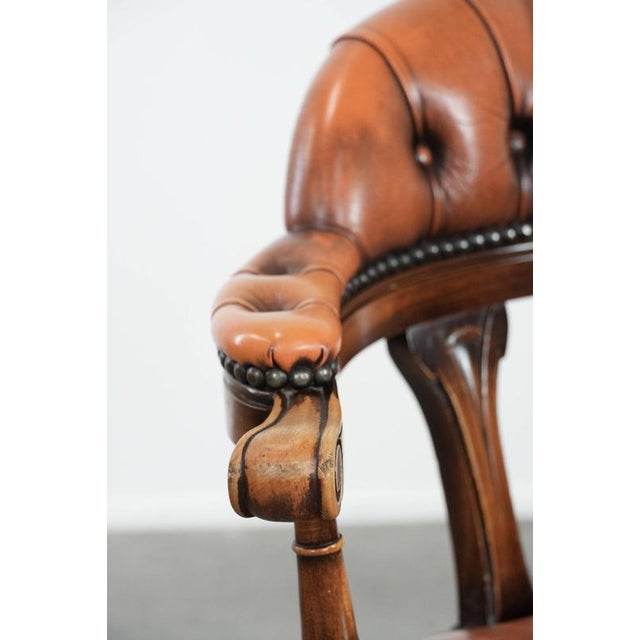 English Style Cowhide and Wood Chesterfield Office Chair with Decorative Nails For Sale - Image 13 of 17