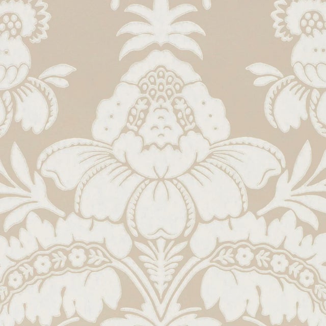 Contemporary Schumacher Simone Damask Wallpaper in Stone For Sale - Image 3 of 4