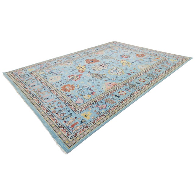 10x14 Modern Oushak Style Hand-Knotted Wool Area Rug in Sky Blue With Terracotta For Sale - Image 12 of 12